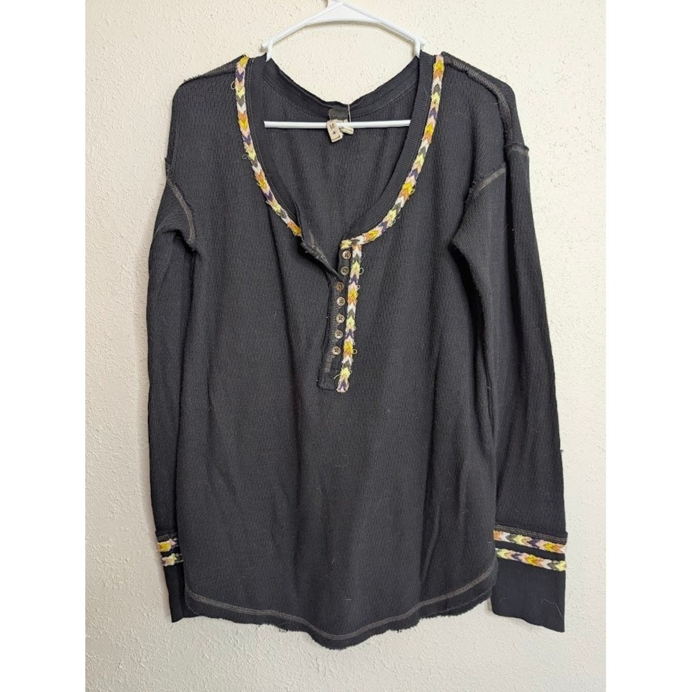 Free People We The Free Womens Henley Top Medium Black Waffle Knit Boho Thermal